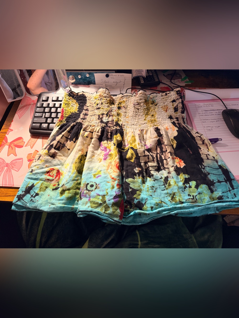 NATURAL LIFE Cream and Black Smocked Midi Skirt with Subtle Multicolor vintage